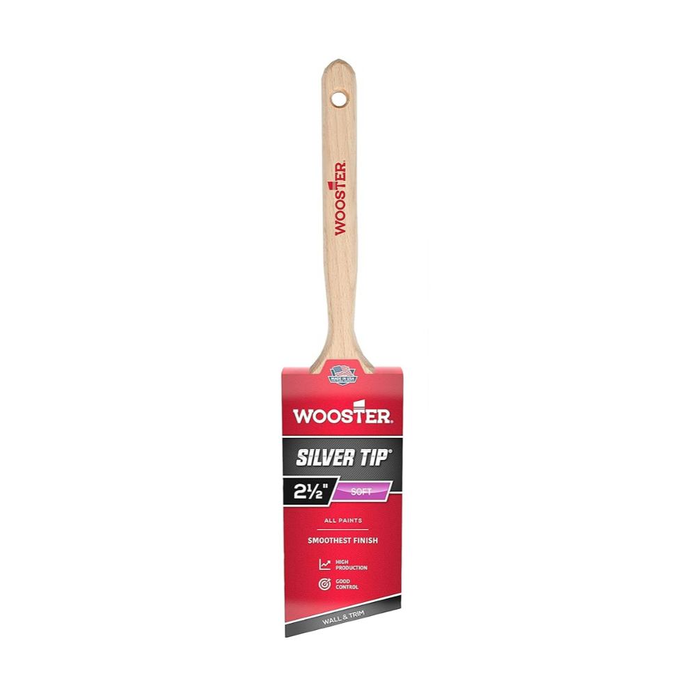 Wooster Silver Tip paint brush with wooden handle on a white background